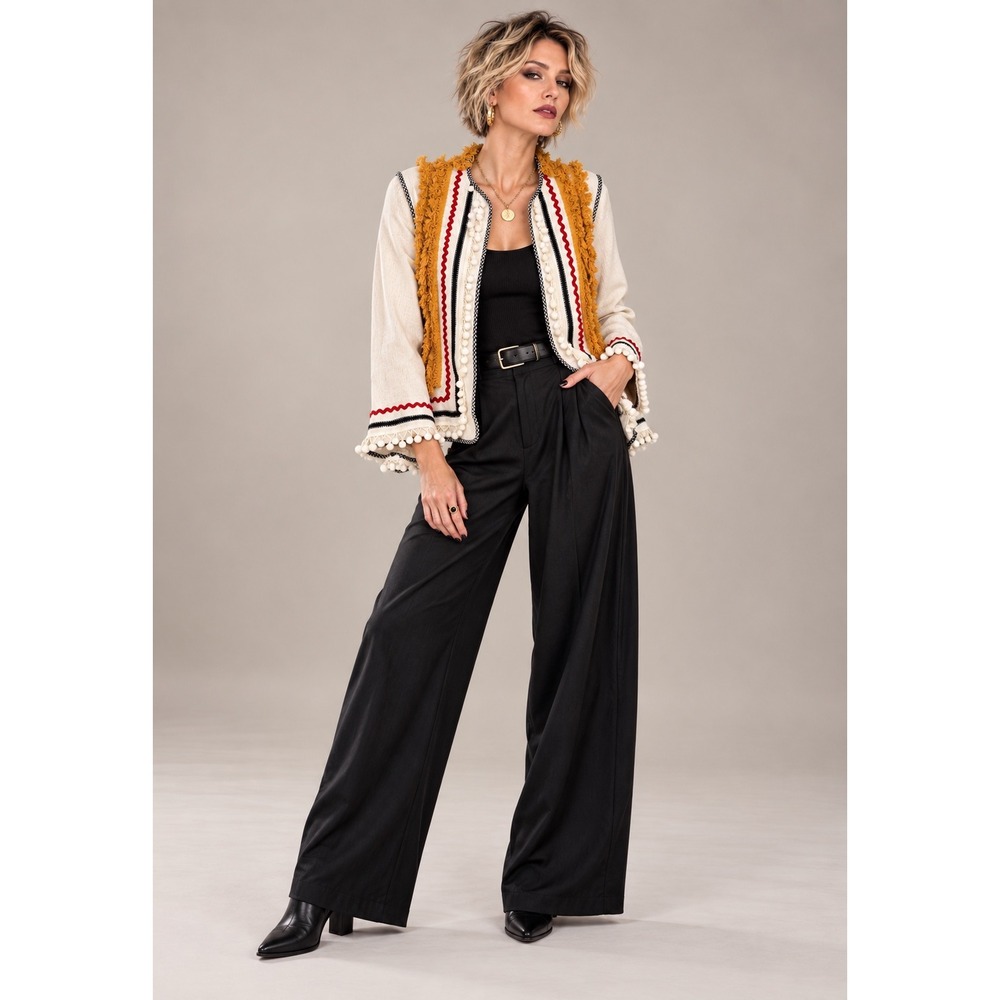 English Factory M Ivory Fringe Trim Open Front Knit Cardigan